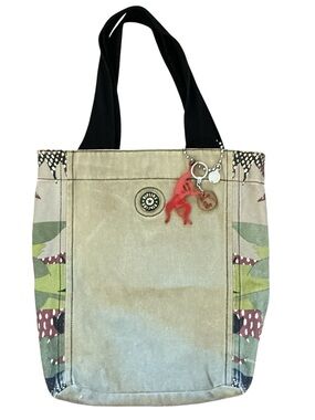 Kipling Olive Green Canvas Tote with Black Straps and Red Monkey Charm